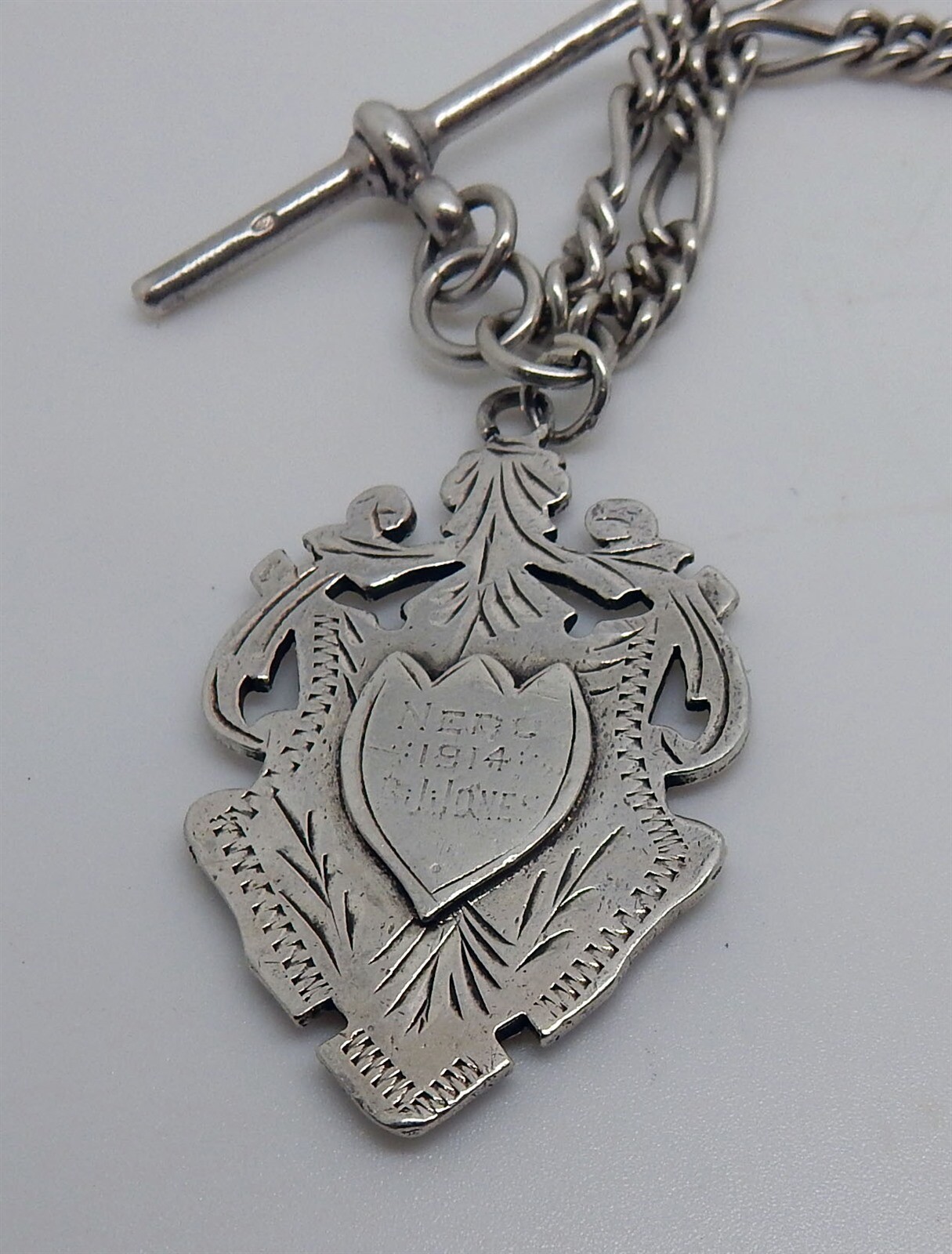 Antique English 30.5g Sterling Silver Double Albert Watch Chain with Fob