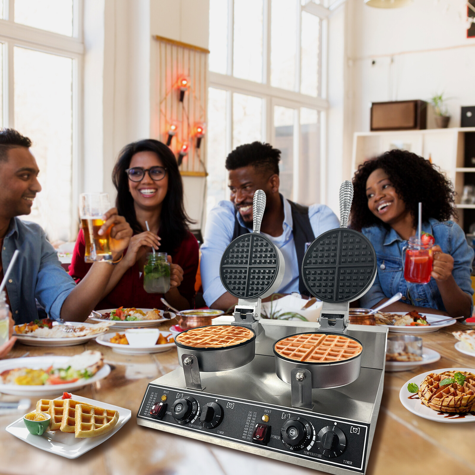 Commercial Round Double Head Belgian Waffle Maker Machine 2400W for Restaurant