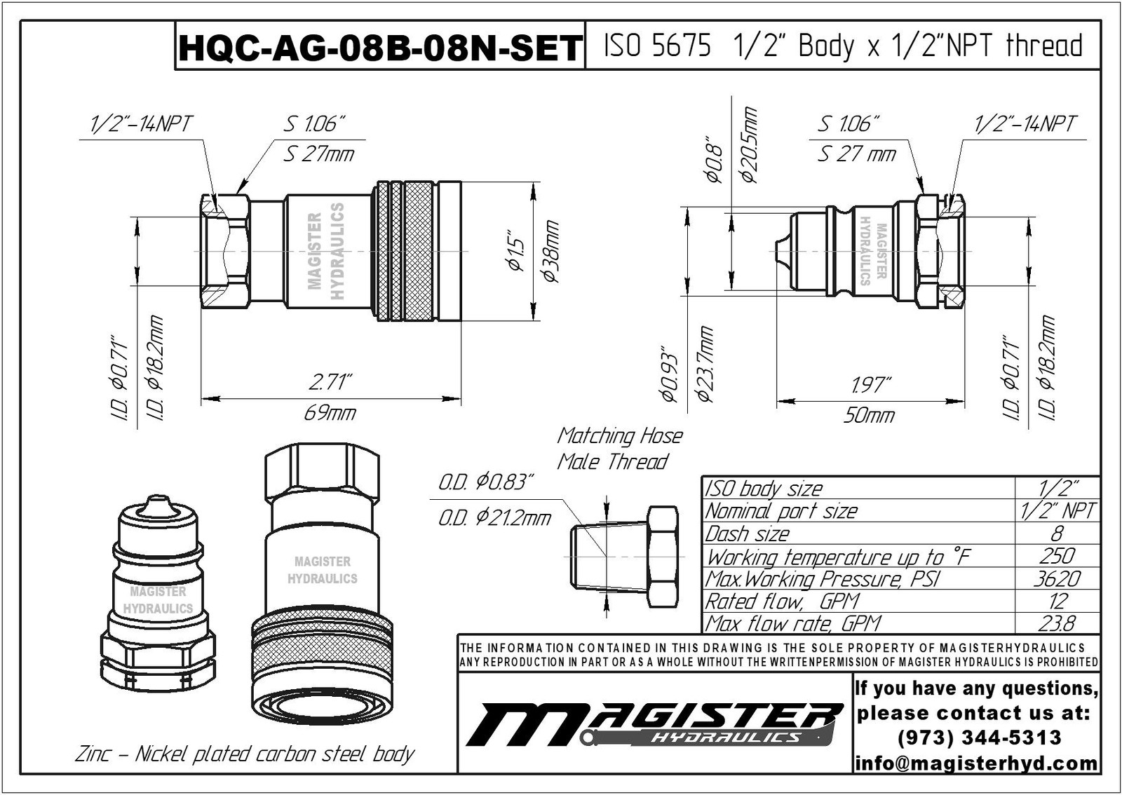 1/2″ AG Hydraulic Quick Couplers Set - 1/2″ NPT Thread