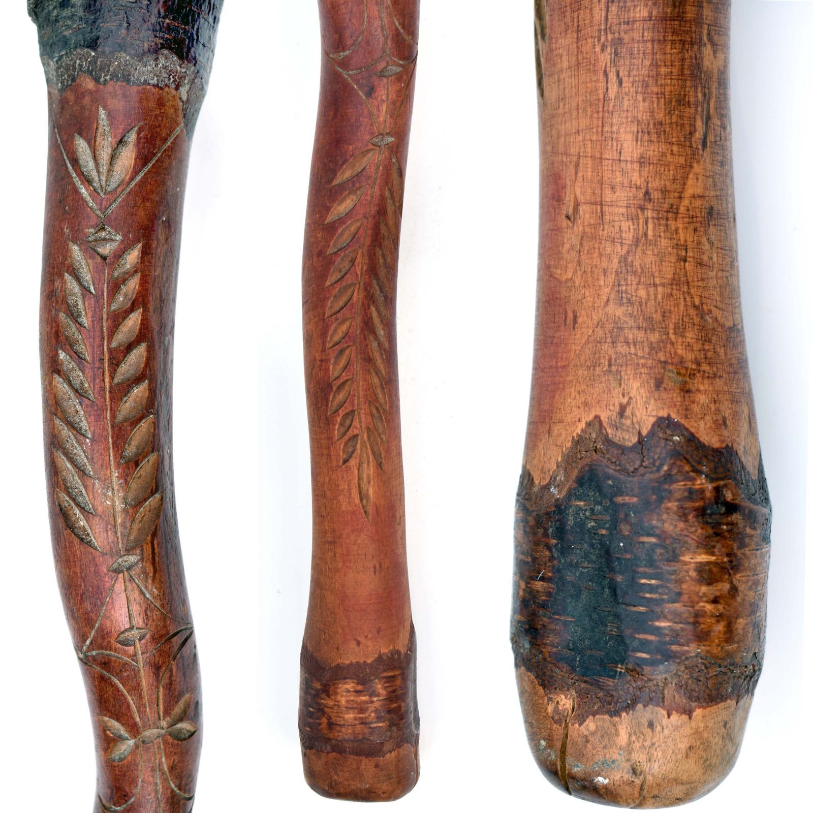 22" Early Penobscot Indian War Club - 1800s Maine - Red Dye - Chip Carved Handle