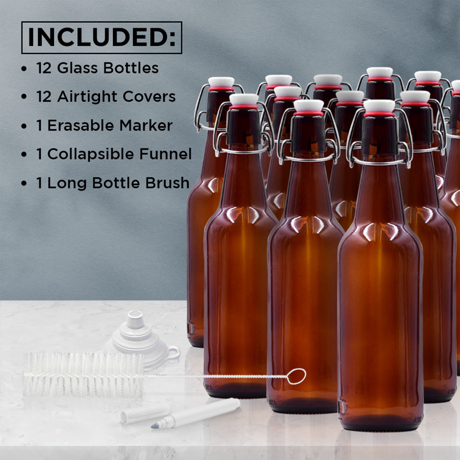 Nevlers 16 Oz. Airtight Glass Swing Top Beer Bottles - Amber Glass (Pack of 12)