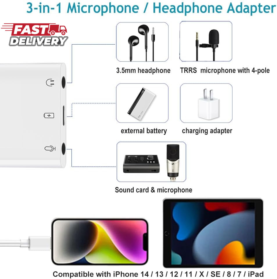 Iphone Microphone Adapter for Live-Streaming, Microphone & 3.5Mm Headphone Adapt
