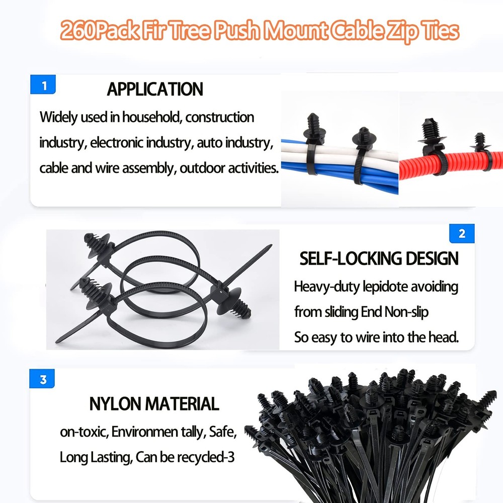 240Pcs Push Mount Cable Zip Tie,Nylon Self Locking Cable Strap,8 Most Popular...