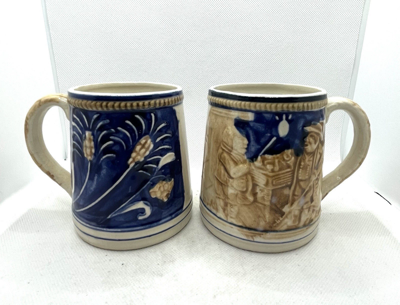 Vintage Ceramic Beer Mugs Cobalt Blue 2 Men In Tavern Scene & Wheat Japan 4”