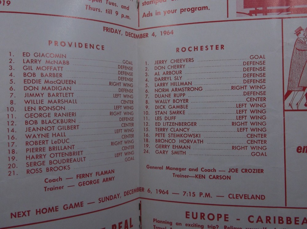 ROCHESTER AMERICANS vs Providence Program December 04, 1964