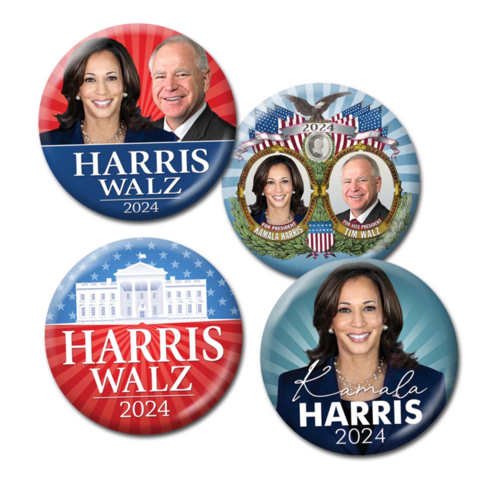 Harris Walz 2024 Buttons 4-pack 2.25" Kamala Tim photo and Campaign Pins