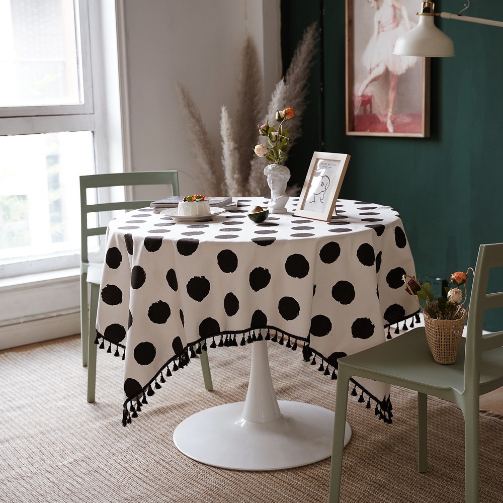 Round Tablecloth Tassel Black White Printed Oval Dot Rectangular Table Cloth