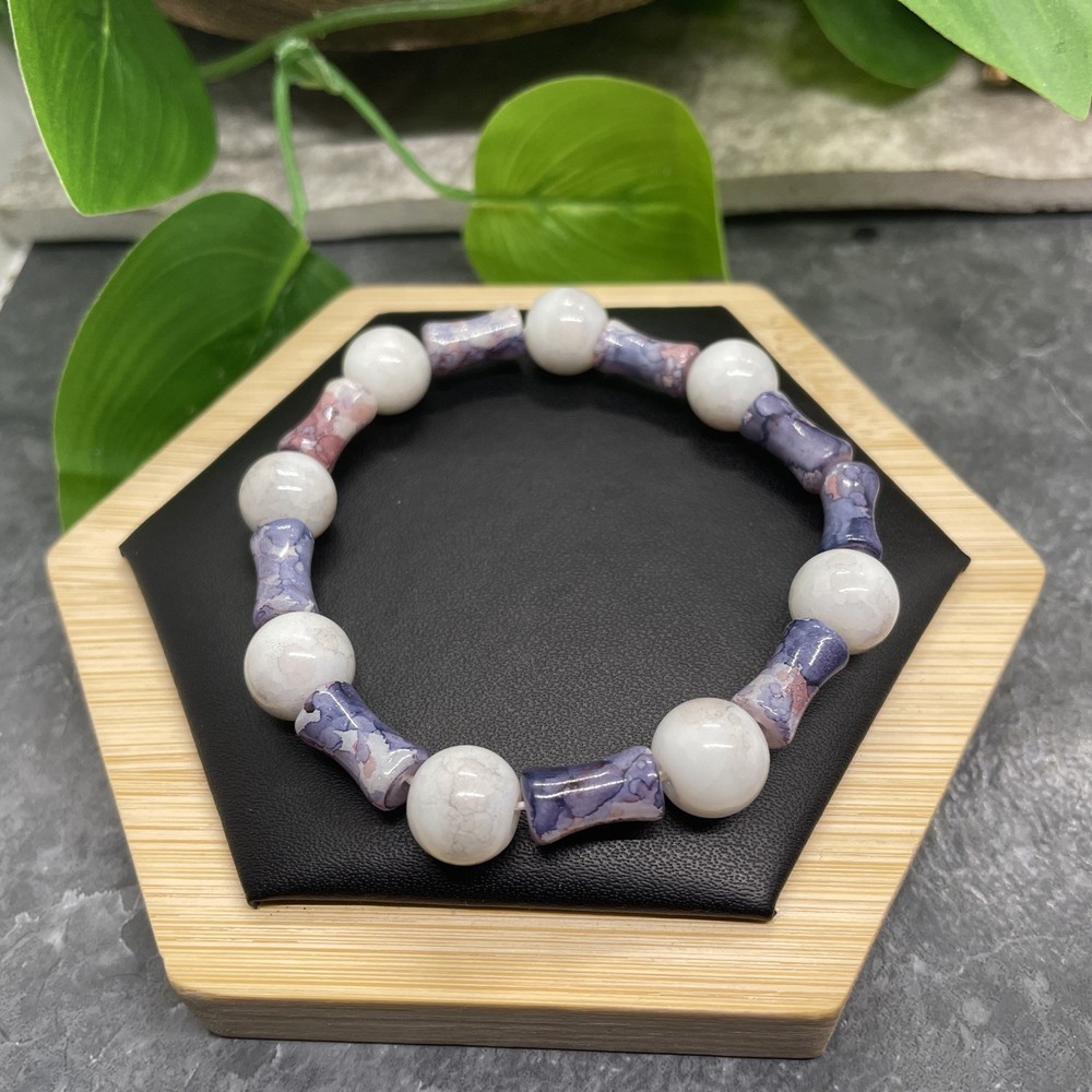 Handmade Ceramic Bead Beaded Stackable 7” Plus Stretch Bracelet New B356