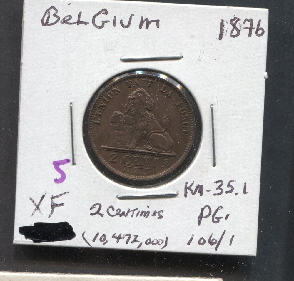 1876- Belgium- XF- 2 Cents