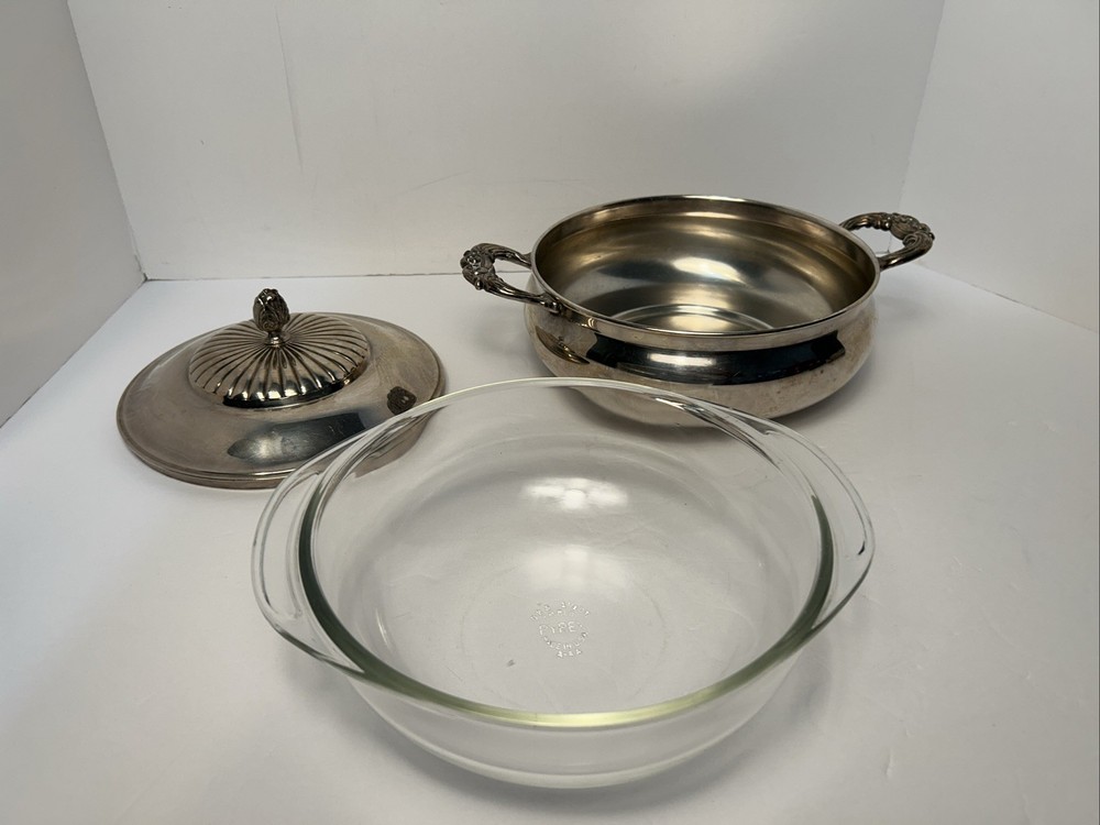 Raimond MCM Silverplate Covered Casserole W/Pyrex Glass Insert A-AA Vintage 60s