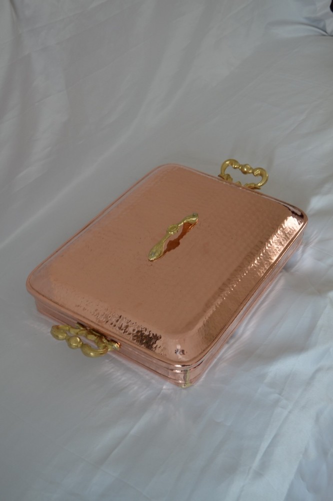 Copper Rectangular Hammered Serving Pot with Brass Handles and Lid Roaster Pan