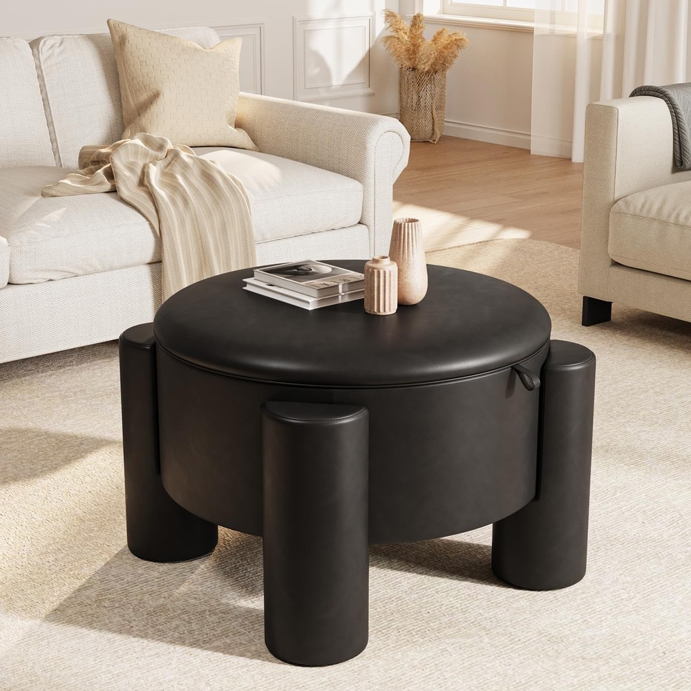 24in Storage Stool Coffee Table with Storage Function, Artificial Leather