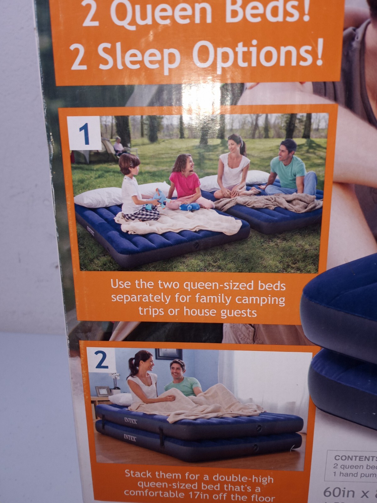 Intex 2 in 1 Guest Bed 2 Queen Sized Air Mattress Beds w/ Hi Output Hand Pump