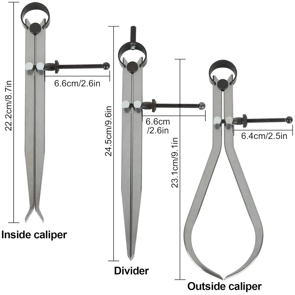 3 Piece Spring Caliper/Divider Set, 8 inches Inside Outside Divider...