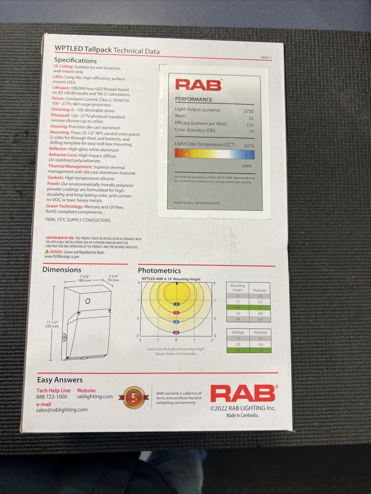 RAB LED Wallpack WPTLED26/D10/PC2 Light Fixture 5000K
