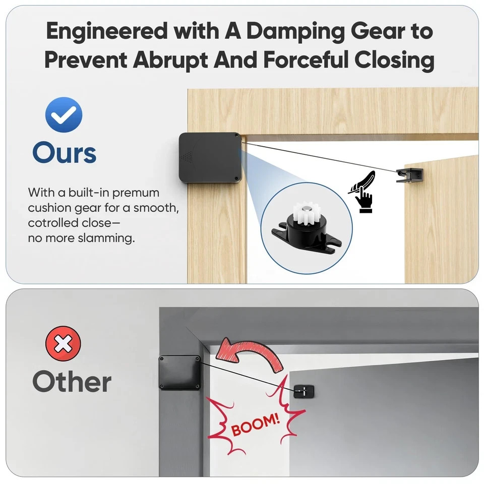 Retractable Automatic Door Closer with Anti-Slam Function - No-Screw Install for