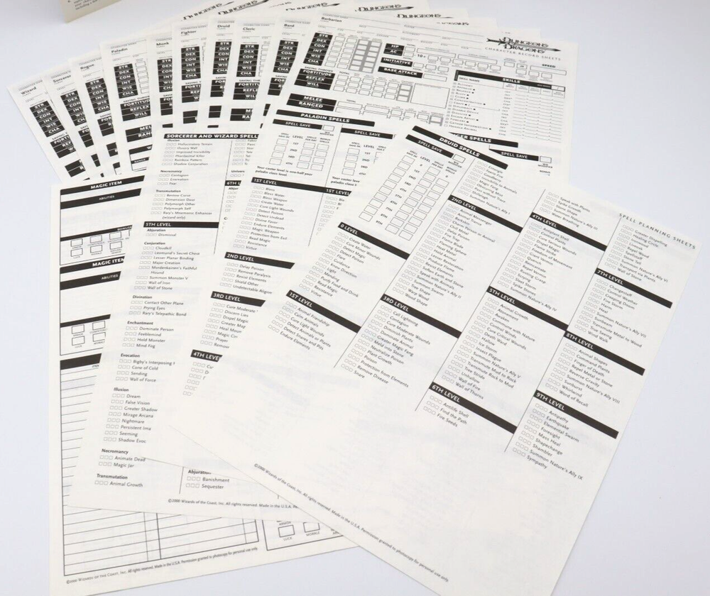 Vintage 2000 Dungeons & Dragons Accessory Character Sheets TSR11642 Complete