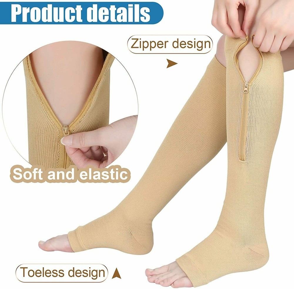 Zippered Compression Socks Open Toe Knee High Circulation Easy On/Off
