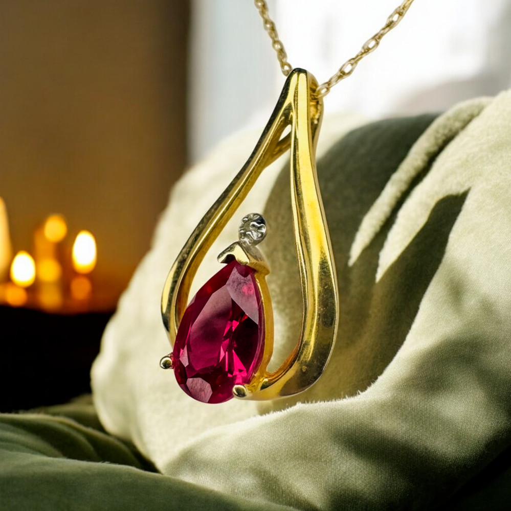 10K Gold Ruby & Diamond Necklace -18" Pear Cut Ruby Teardrop Pendant -1.6g