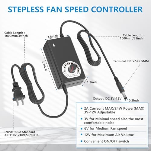 IP67 Waterproof Small 12V Variable Speed Computer Fan with AC Plug, 110V 120V