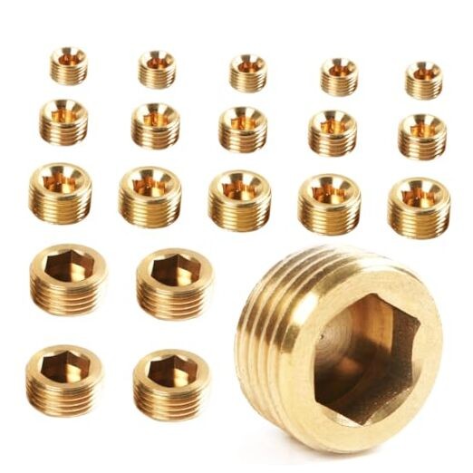 20pcs Brass Pipe Plug Set Brass External Thread Inner Hex Head Plug 1/8" 1/4"