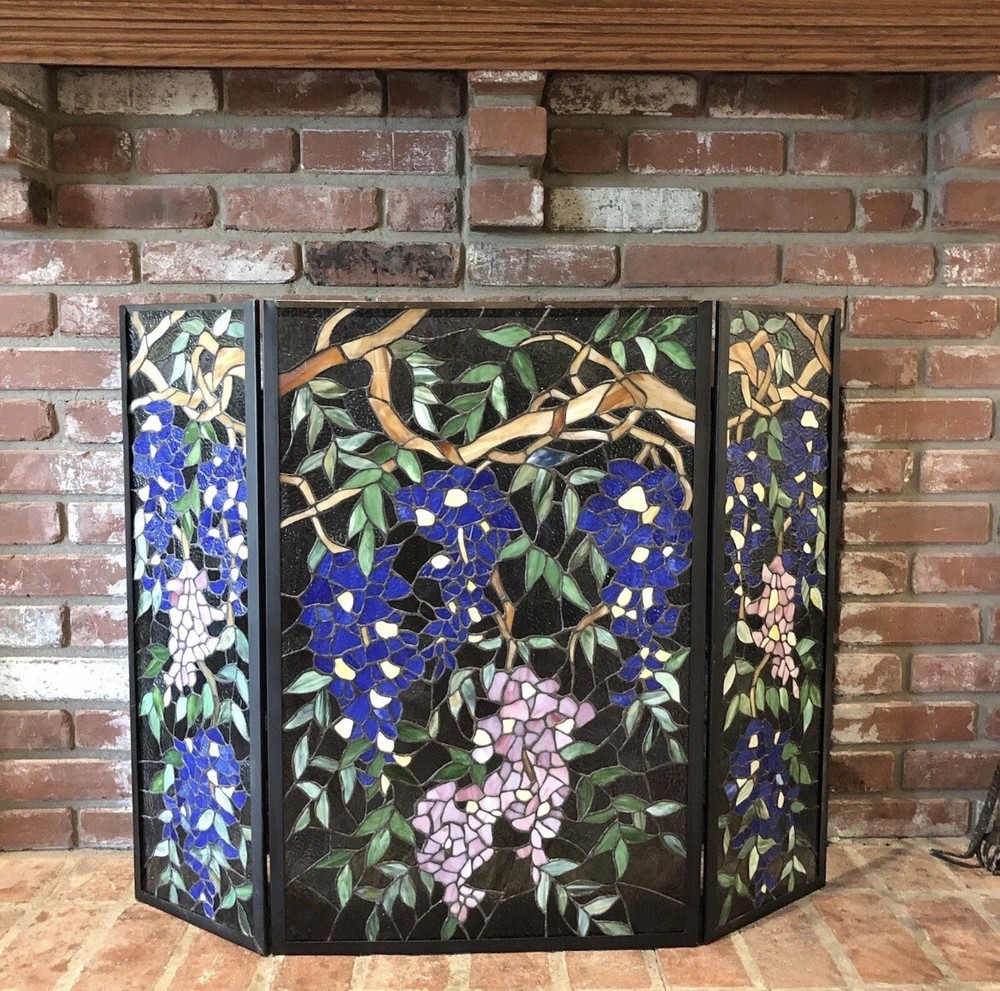 TIFFANY Style New With Tag Glass 3 Panel Brass  Fireplace Screen**