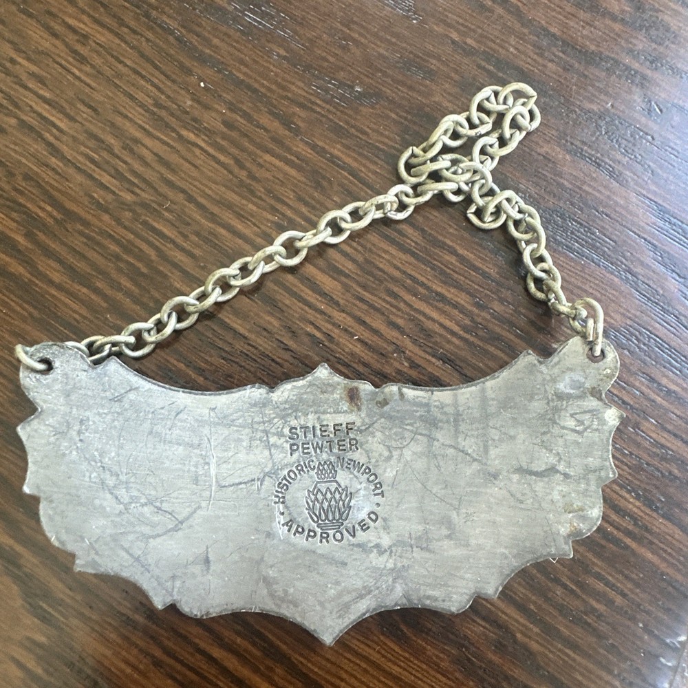 Stieff Pewter Sherry Hanging Decanter Label