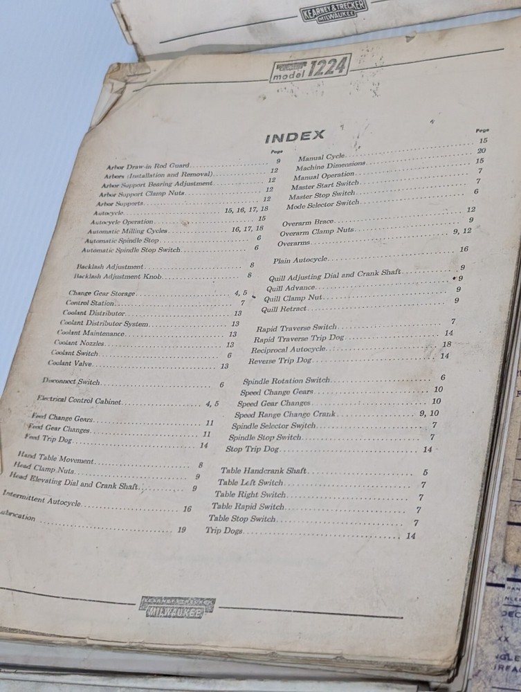 Asstd Reference Materials for Kearney & Trecker TF-17 Vertical Milling Machine