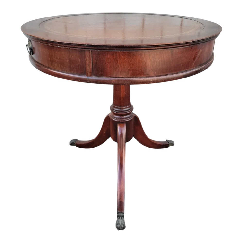 1940s Mahogany Round Side Table with Tooled Leather Top and Brass Pull Decor