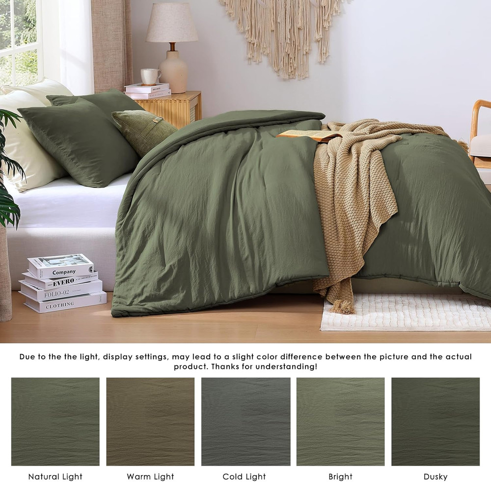Queen Comforter Set - 3 Pieces Prewashed Olive Green Comforter Soft Lightweight