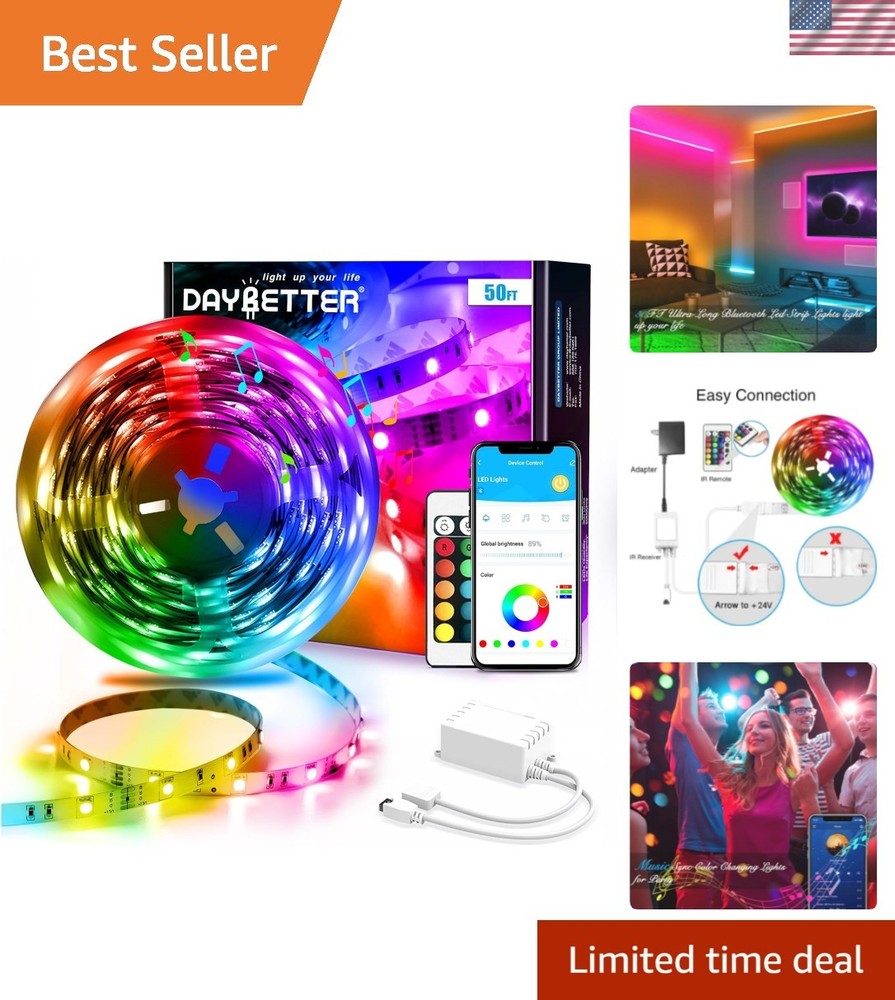 50ft Multicolor LED Strip Lights - Dimmable & Smart App Controlled for Parties