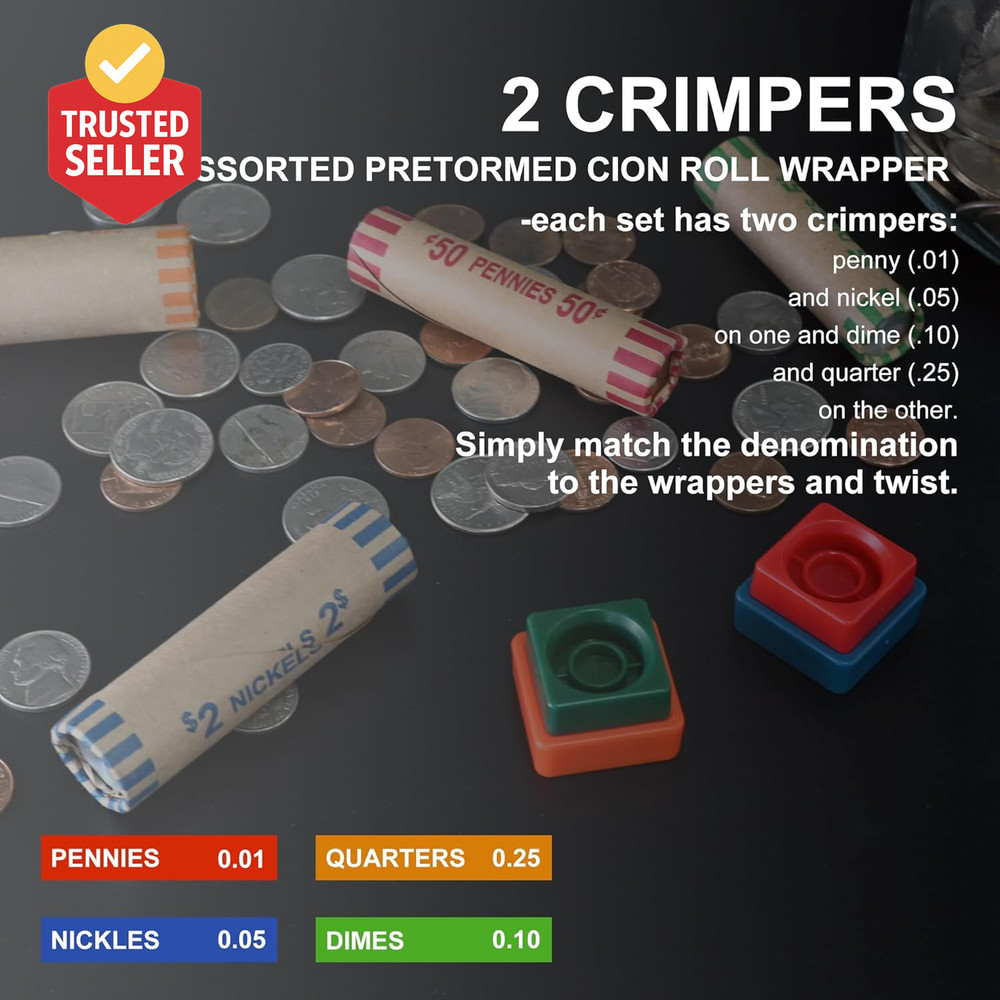 60 Assorted Coin Roll Wrappers with Color Coded Coin Wrapper Crimping Tool -(Qua