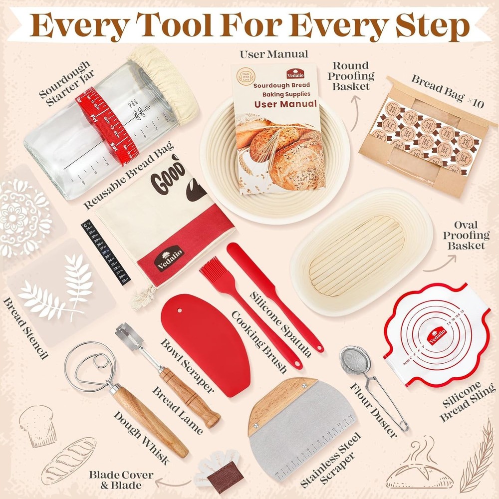 Sourdough Starter Kit with Rattan Proofing Baskets & Professional Tools Set