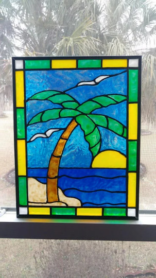 Palm tree  Stained Glass Window Panel Hand Painted