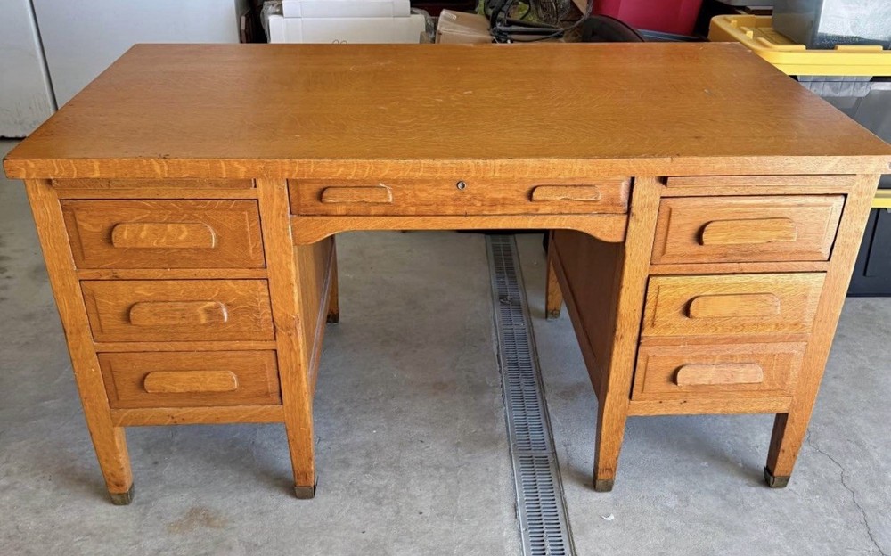 Antique solid oak Wooden Rectangle Office Desk with Multiple Drawers