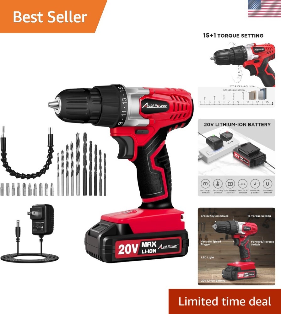 Lightweight 20V Cordless Drill with Variable Speed & LED Light - Complete Set