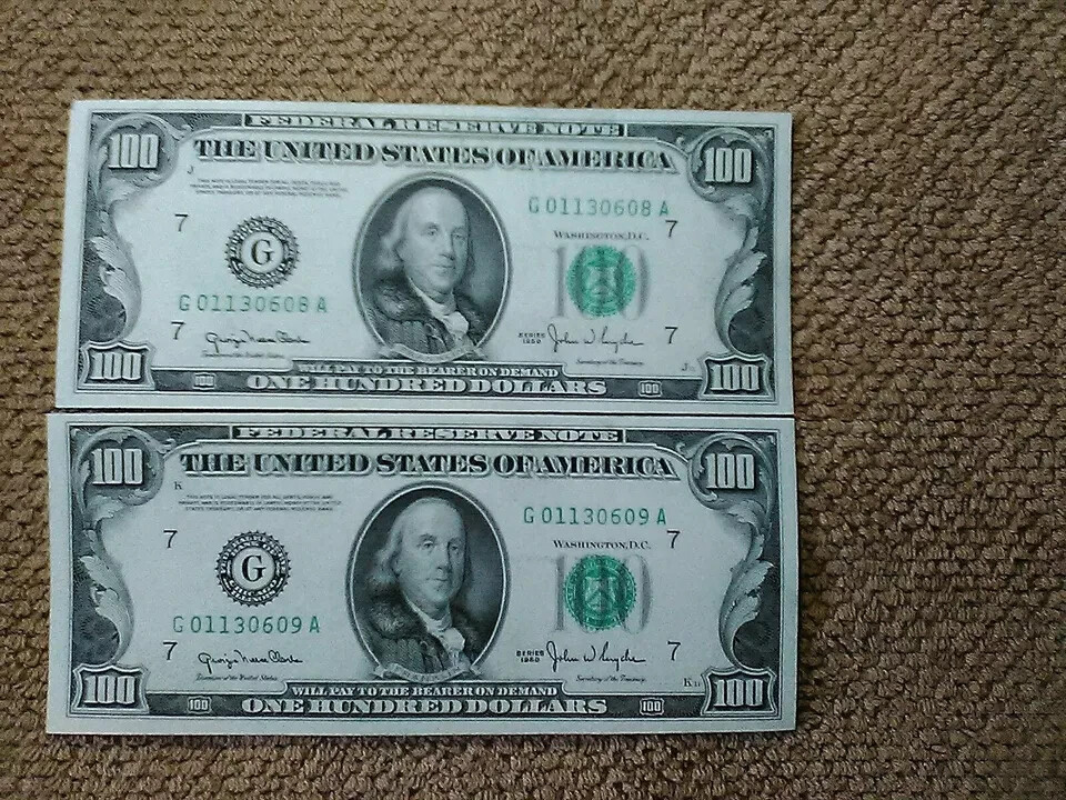 RARE 1950 $100 ONE HUNDRED DOLLAR CONSECUTIVE PAIR NOTES,AU++/UNC,75TH B.D. GIFT