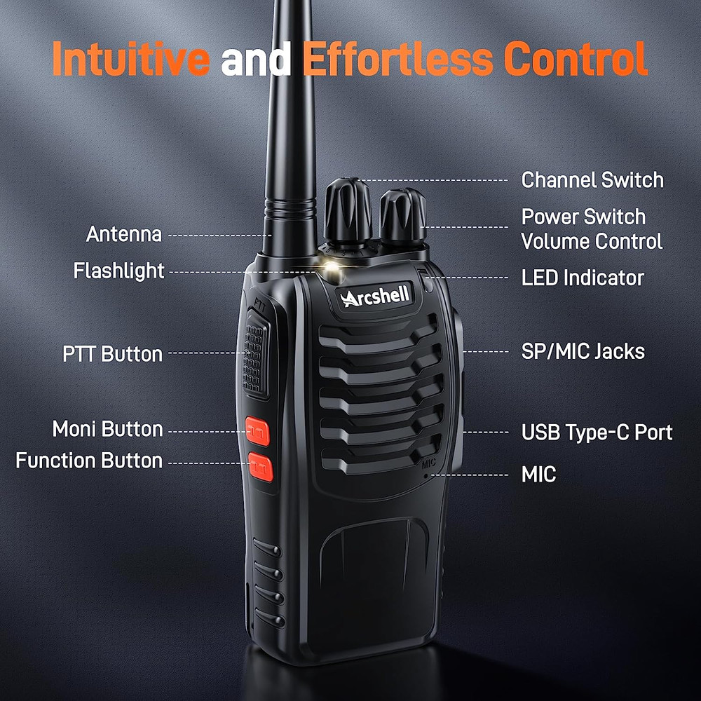 Arcshell AR-5 Rechargeable Long Range Two-Way Radios with Earpieces 4 Pack with