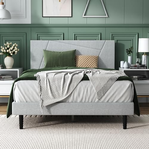 Size Bed Frame Platform Bed Frame with Fabric Upholstered Full Light Gray