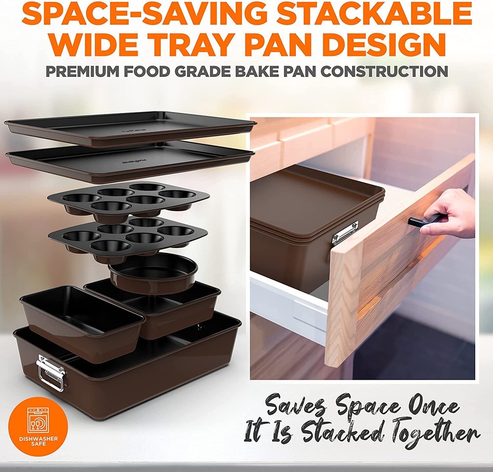 Nutrichef NCBKSTK 8Pc Stackable Carbon Steel Bakeware-Brow
