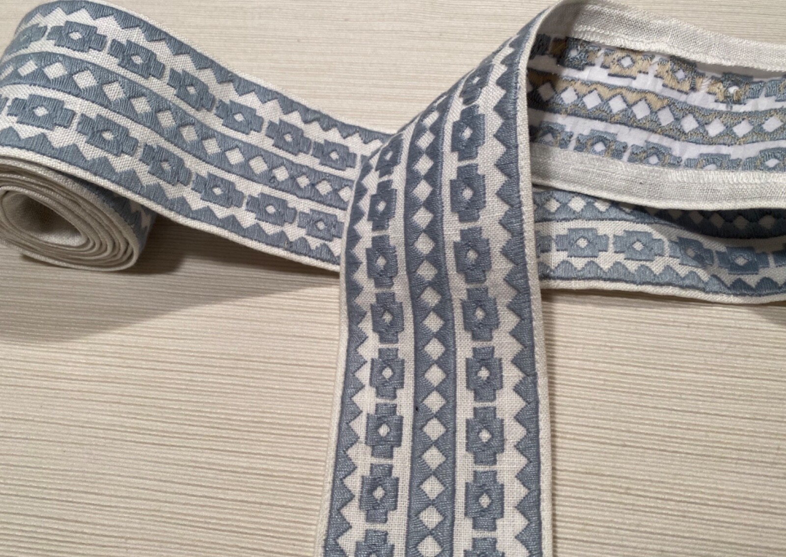 SCHUMACHER 79920 Talitha Tape Sky 85% Linen Embroidered Passementerie Trim  BTY