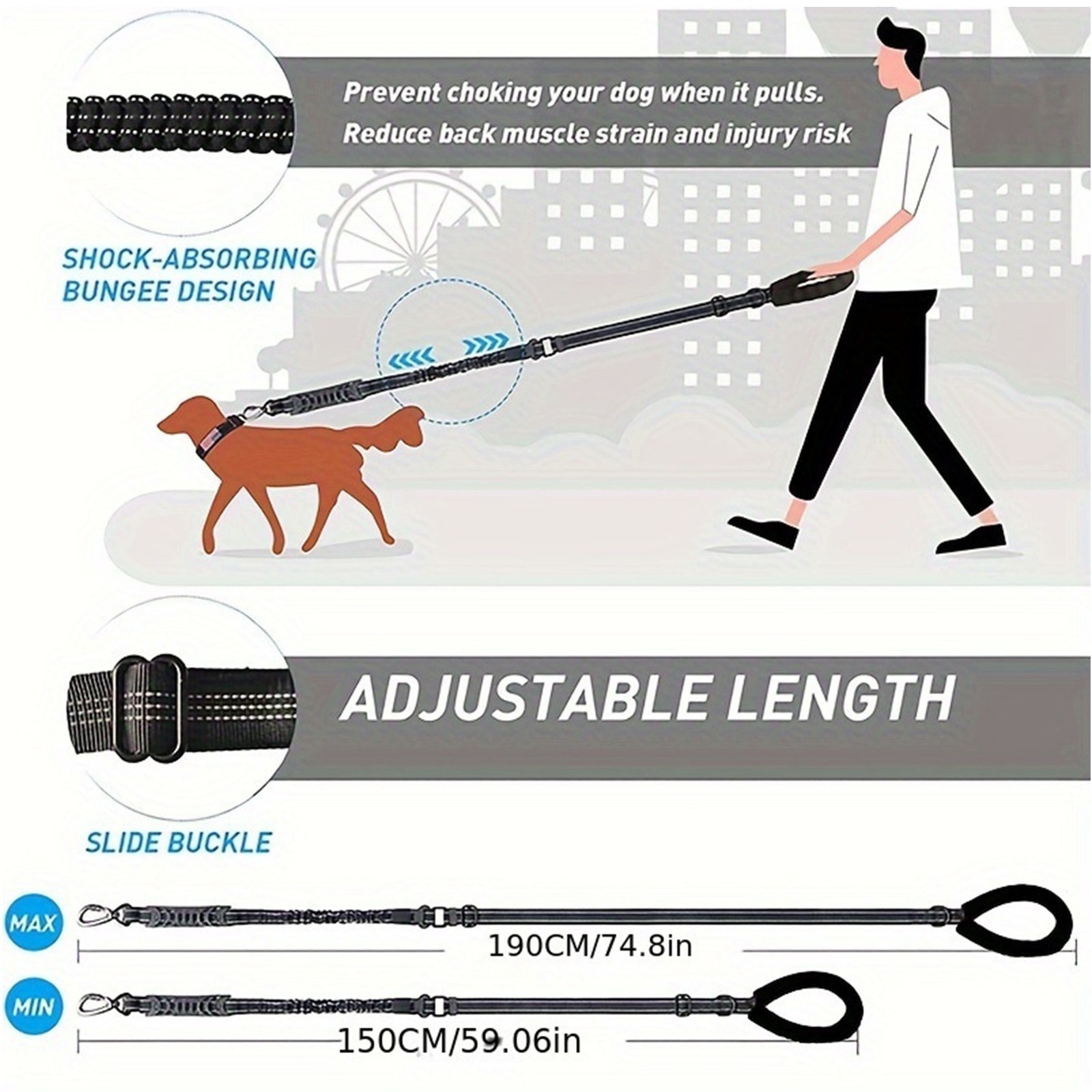 4-in-1 Bungee Dog Leash Car Seat Belt Adjustable Walking Anti-Pull Leash 5-6.3FT