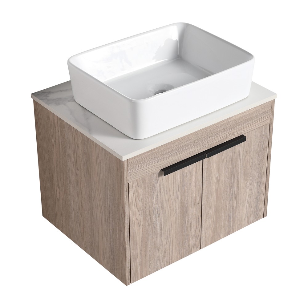 24"Modern Wood Floating Wall Mounted Bathroom Vanity +Ceramic Rectangular Basin