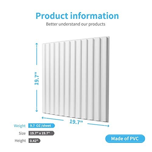 Slat Wall Panel, 3D Fluted Textured Panel 19.7 x 19.7in. 12 Square - White