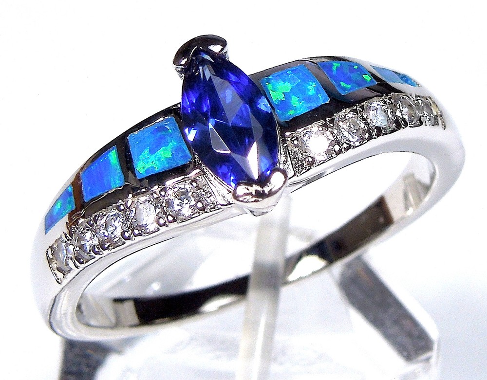 Marquise Tanzanite & Blue Fire Opal Solid 925 Sterling Silver Ring Sizes 6,7,8,9