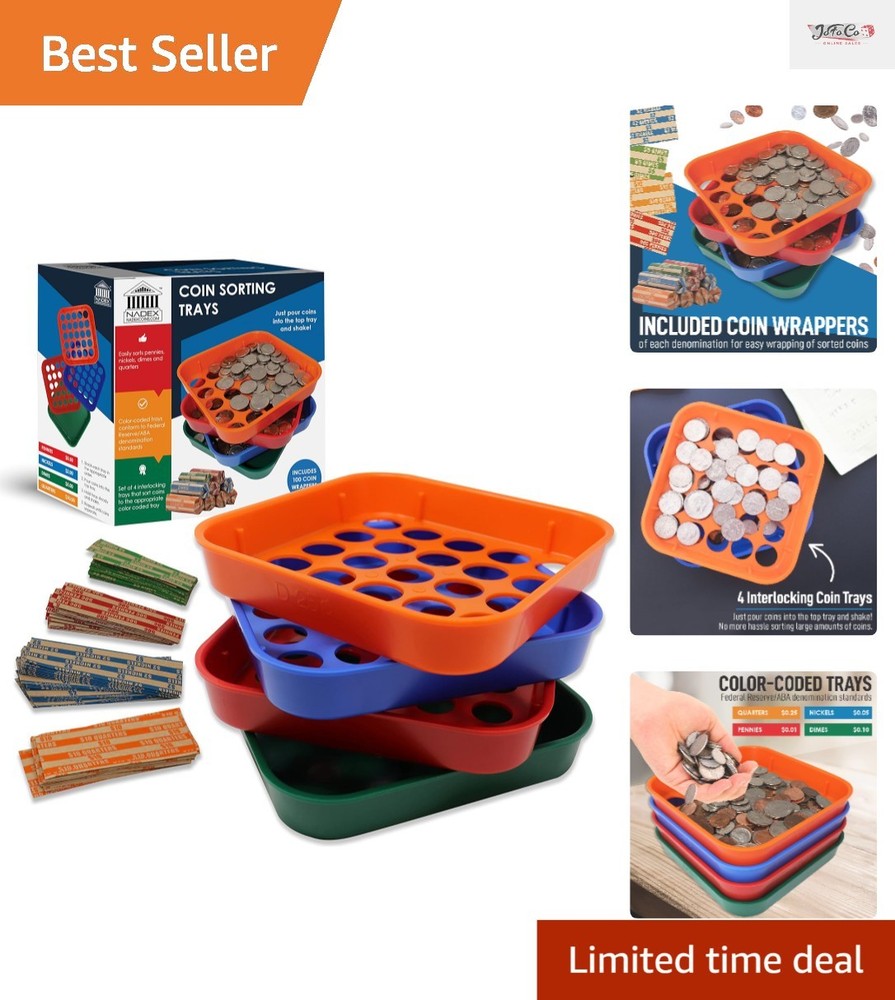 Quick Sort Color-Coded Coin Organizing Trays - 4 Interlocking for Easy Sorting