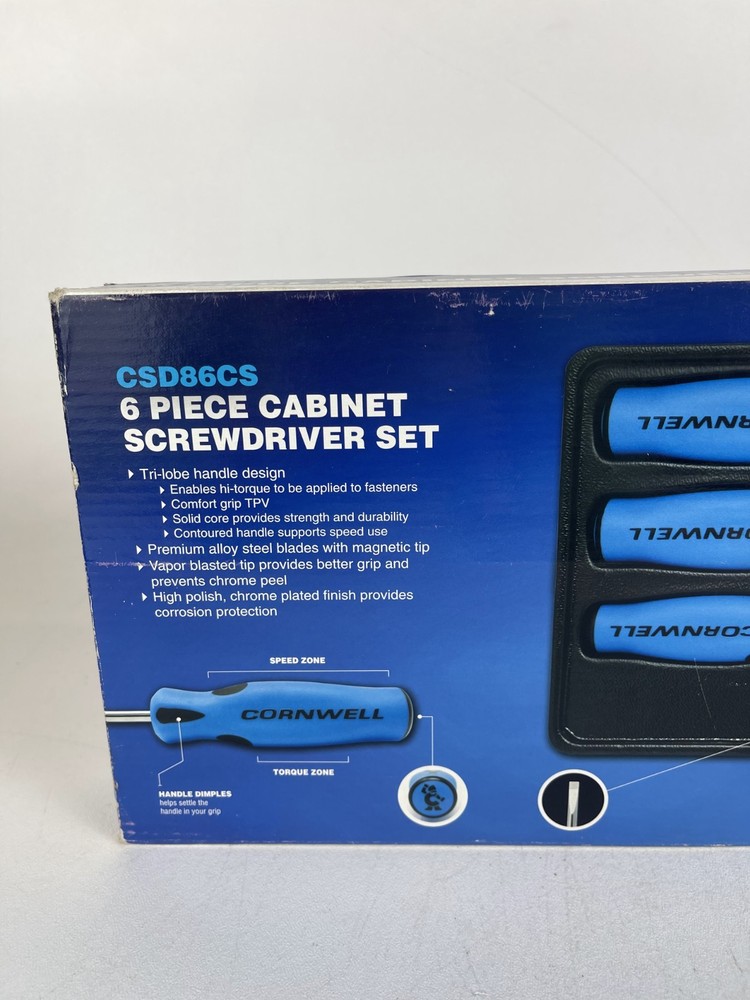Cornwell CSD86CS 6pc BLUE Cabinet Screwdriver Set 3 Phillips 3 Flat Cushion Grip