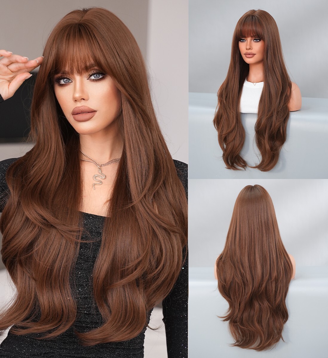Long Wavy Soft Auburn Costume Wigs With Bangs Heat Resistant Hair