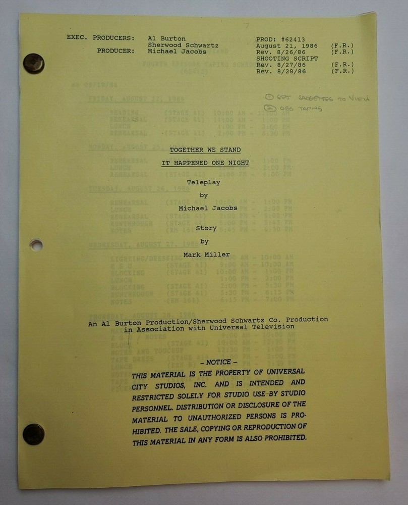 NOTHING IS EASY / Michael Jacobs 1986 TV Script, "It Happened One Night"
