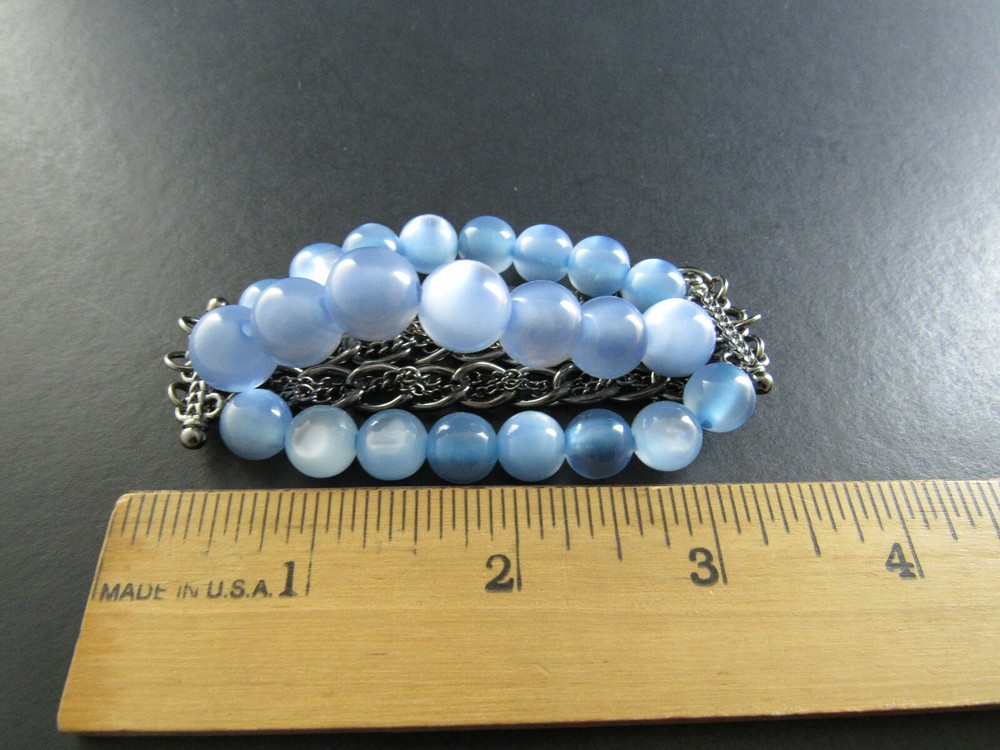 STRETH BRACELET SILVER TONE CHAINS BLUE MOONGLOW BEADS (E2)